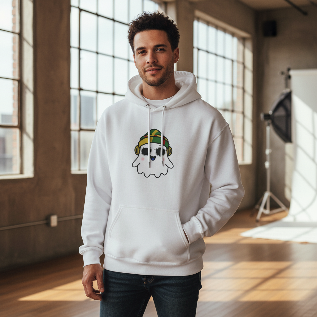 Cool Ghost Hoodie – Retro Cartoon Ghost with Headphones & Sunglasses | Unisex Streetwear, Music Lover Gift
